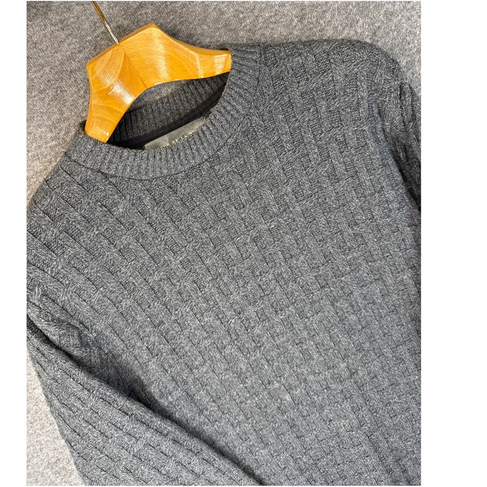 Oscar de la Renta Gray Basketweave Fisherman Crewneck Sweater Men M Cotton Blend